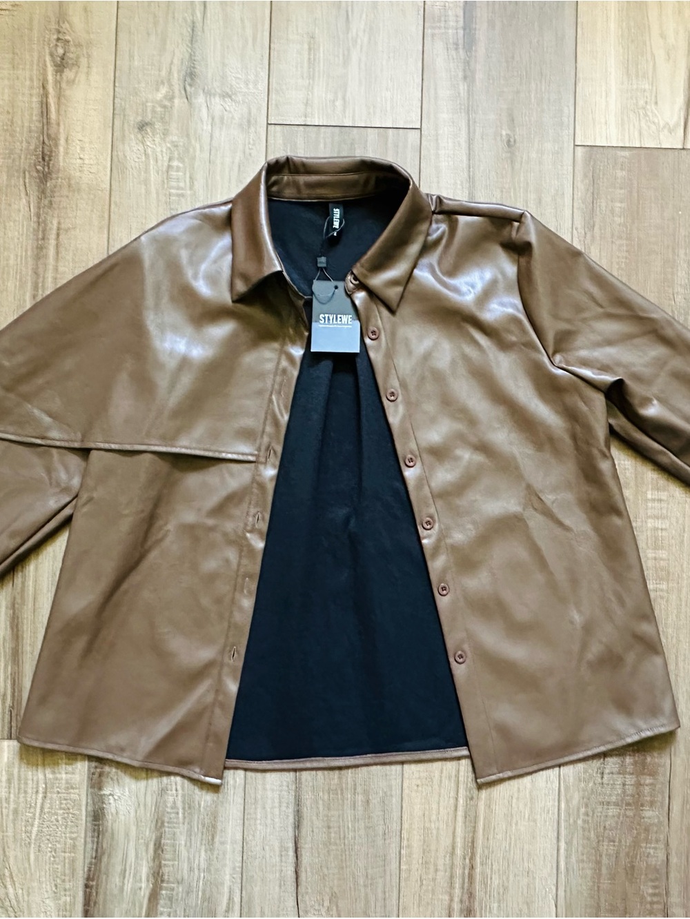 STYLEWE Brown Faux Leather Shirt Jacket with Black Lining